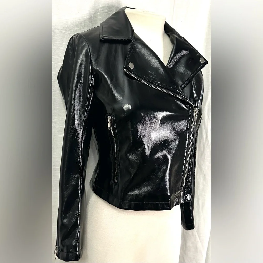 Topshop Women's Black 100% Polyester Cropped Biker Jacket Ladies Zipper Pocket - Picture 11 of 12